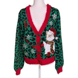 33 Degrees Women's Cat Ugly Christmas Sweater Size Small Green Red White NEW